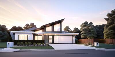 A modern house with a driveway in front of it ai generated photo