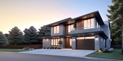 A modern house with a driveway in front of it photo
