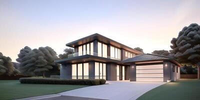 A modern house with a driveway in front of it ai generated photo