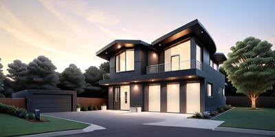A modern house with a driveway in front of it photo