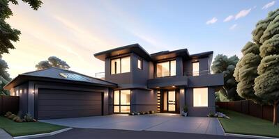 A modern house with a driveway in front of it photo