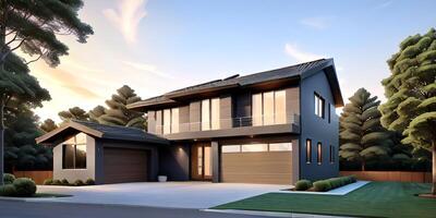 A modern house with a driveway in front of it photo