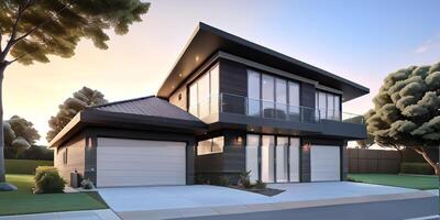 A modern house with a driveway in front of it photo