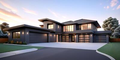 A modern house with a driveway in front of it ai generated photo