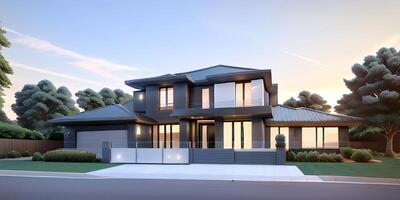 A modern house with a driveway in front of it ai generated photo