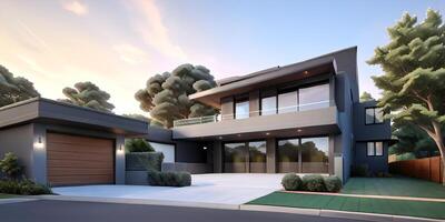 A modern house with a driveway in front of it photo
