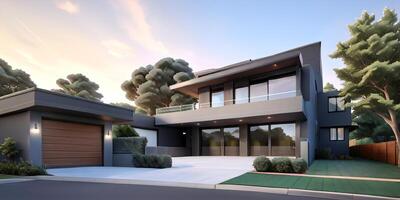 A modern house with a driveway in front of it ai generated photo