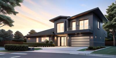 A modern house with a driveway in front of it photo