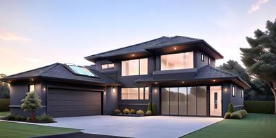 A modern house with a driveway in front of it photo