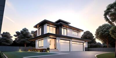 A modern house with a driveway in front of it photo