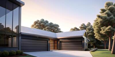 A modern house with a driveway in front of it photo