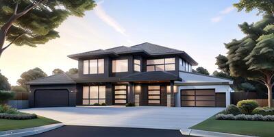 A modern house with a driveway in front of it photo