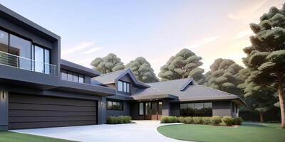 A modern house with a driveway in front of it ai generated photo