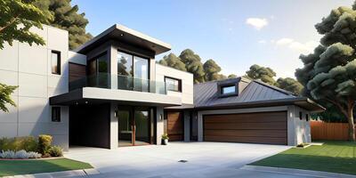 A modern house with a driveway in front of it photo