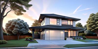 A modern house with a driveway in front of it photo