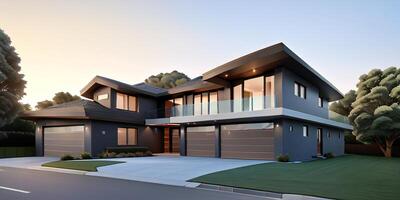 A modern house with a driveway in front of it ai generated photo