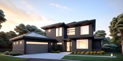 A modern house with a driveway in front of it photo