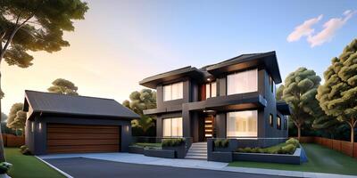 A modern house with a driveway in front of it photo