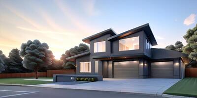 A modern house with a driveway in front of it ai generated photo