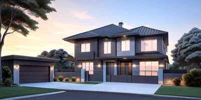 A modern house with a driveway in front of it photo