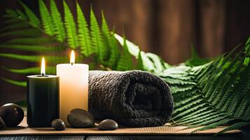 Spa background with towel and candles. Illustration AI Generative photo