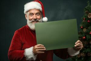 Handsome man with empty blank paper on minimalist background. photo