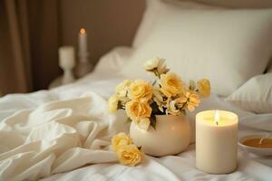 White bad with candles with flowers photo