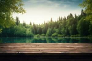 Lake natural background with empty rustic table photo