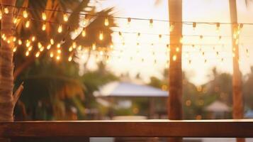 Lights garland on summer beach cafe. Illustration AI Generative photo