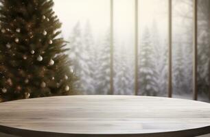 White wood table top and a bright room with christmas tree photo