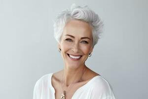 Beautiful elderly woman with gray hair smiling photo