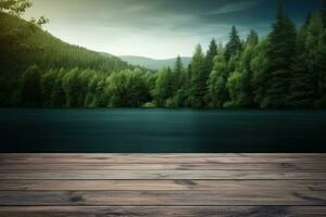 Lake natural background with empty rustic table photo