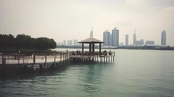 A deck at the lake with city background and a gazebo at the deck a place for hangout at lake side. AI Generated photo