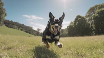 Black Australian Kelpie dog running toward the camera in the green meadow, blue sky and nature background. AI Generated photo