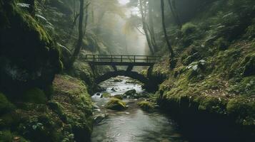 Tranquil green forest Landscape with Serene River and old Sunlit Bridge. Misty fresh nature environment. AI Generated photo