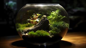 Magnificent terrarium ecosystem with vibrant plant life and reflective glass. AI Generated photo