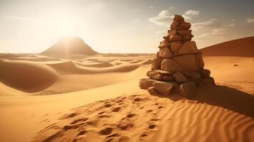 un pirámide Roca en el árido Desierto paisaje con arena dunas, sereno horizonte, y soleado cielo. ai generado foto