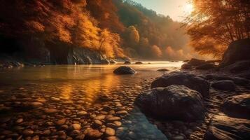 A tranquil sunrise with reflective waters in country side river. Dawn breaks, nature shines, reflecting sky, trees, rocks, water. Serene beauty in morning light. AI Generated photo