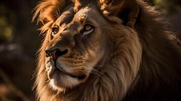 cerca arriba retrato desde lado cara feroz carnívoro masculino león mirar fijamente o mirando Derecho adelante a el naturaleza difuminar antecedentes. ai generado foto