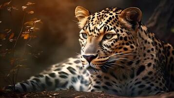 feroz carnívoro leopardo sentar y relajado y mirar fijamente a alguna cosa con naturaleza antecedentes. ai generado foto