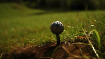 A golf ball on grass field in a golf ball stand ready to hit. AI Generated photo