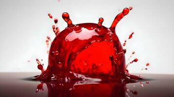 Red transparent thick liquid fall and splashing at the surface isolated on white background. AI Generated photo