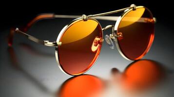 Fancy trendy modest gold color orange lens man or woman fashionable attractive sun glasses at the studio shot dark background. photo