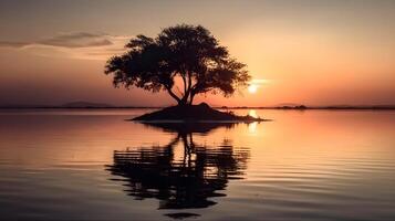 Landscape of silhouette a tree in the middle of the sea or lake reflection on the water, in the evening sunset golden hour clear sky. AI Generated photo