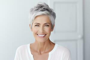 Beautiful elderly woman with gray hair smiling photo