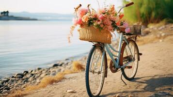 bicicleta con flores a el playa foto