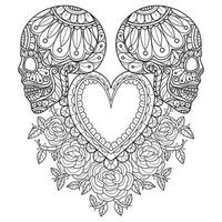 Skull and rose heart hand drawn for adult coloring book vector