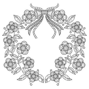 Wreath bow and flowers  hand drawn for adult coloring book vector