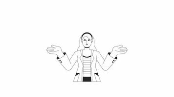 Coat lab technician shrugging shoulders bw outline 2D character animation. Monochrome linear cartoon 4K video. Questioning labcoat scientist european woman animated person isolated on white background video