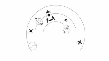 Rocket and planets in space stars bw outline 2D animation. Orbit solar system 4K video motion graphic. Cosmos galaxy with space ship monochrome linear animated cartoon flat concept, white background